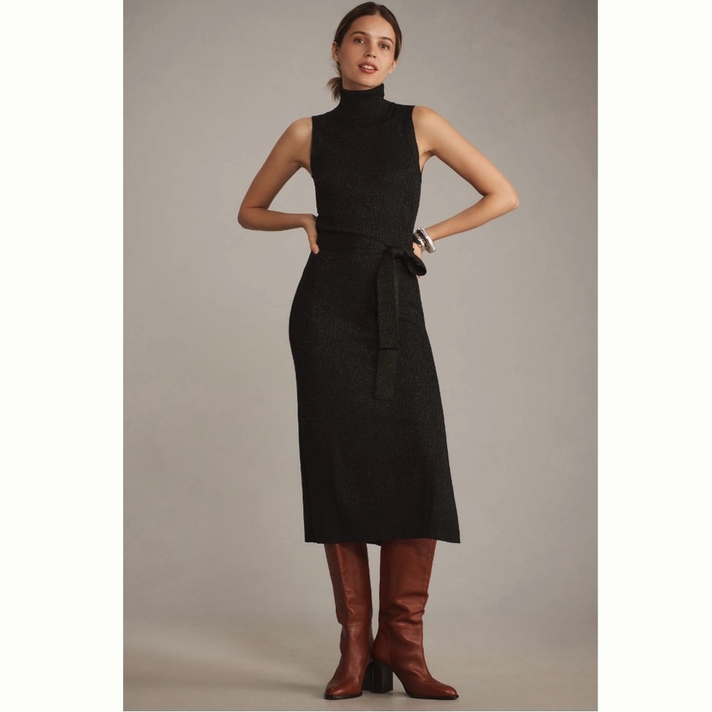 PAIGE Zoelle Midi Dress - Black Sheath Midi Dress with Tie Front